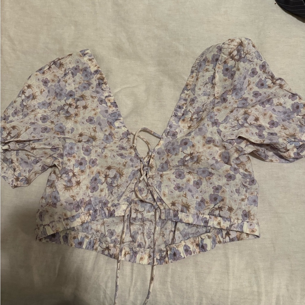 Floral V-Neck Crop Top - Purple and Cream